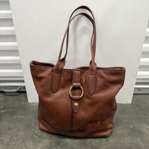 FRYE Leather Ring Tote Bag Women Large Shoulder Purse Cognac Brown Everyday